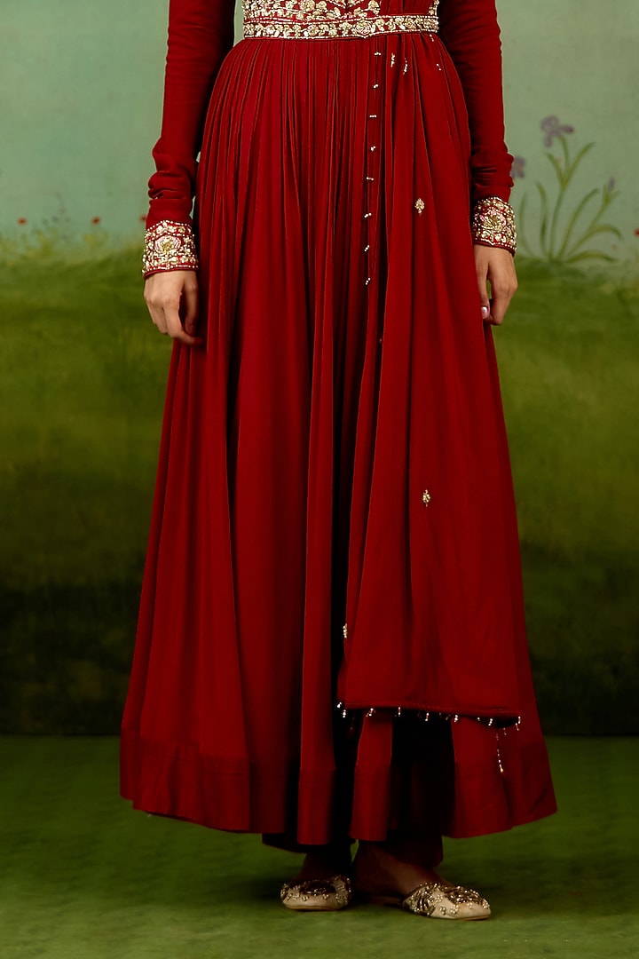 Maroon Chinon Silk Hand Embroidered Wedding Anarkali Set by Shyam Narayan Prasad at Pernia's Pop Up Shop