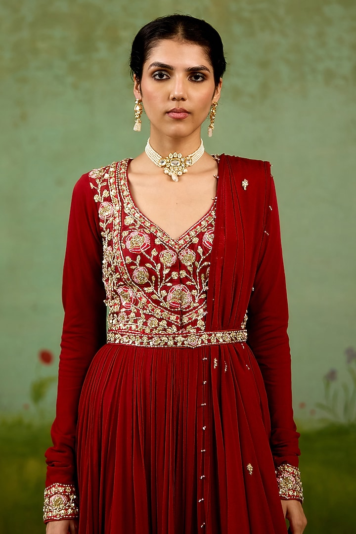 Maroon Chinon Silk Hand Embroidered Wedding Anarkali Set by Shyam Narayan Prasad at Pernia's Pop Up Shop