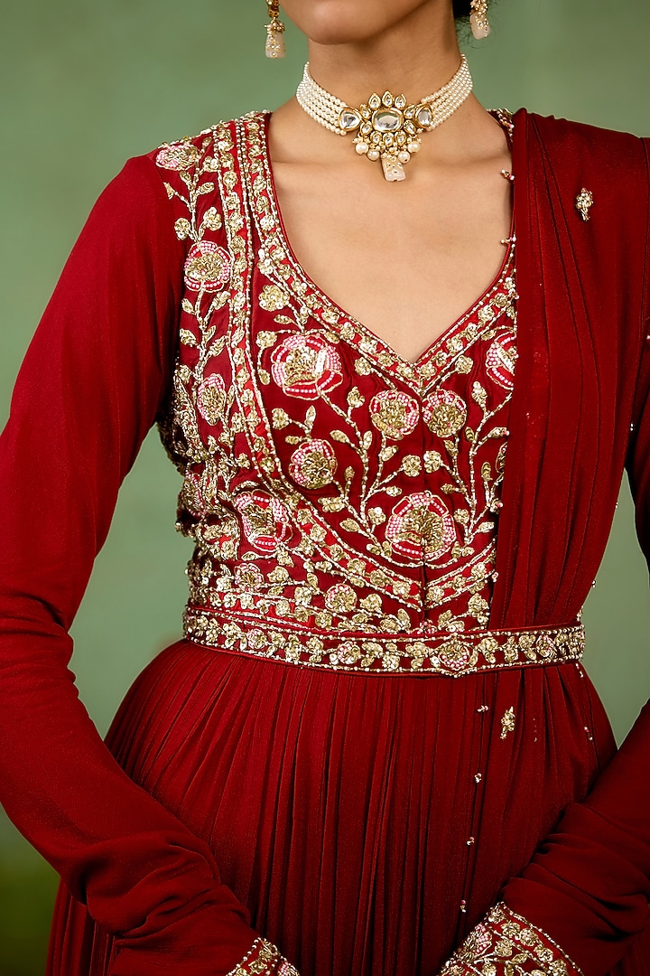 Maroon Chinon Silk Hand Embroidered Wedding Anarkali Set by Shyam Narayan Prasad at Pernia's Pop Up Shop
