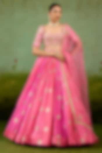 Candy Pink Silk Brocade Hand Embroidered Wedding Lehenga Set by Shyam Narayan Prasad at Pernia's Pop Up Shop