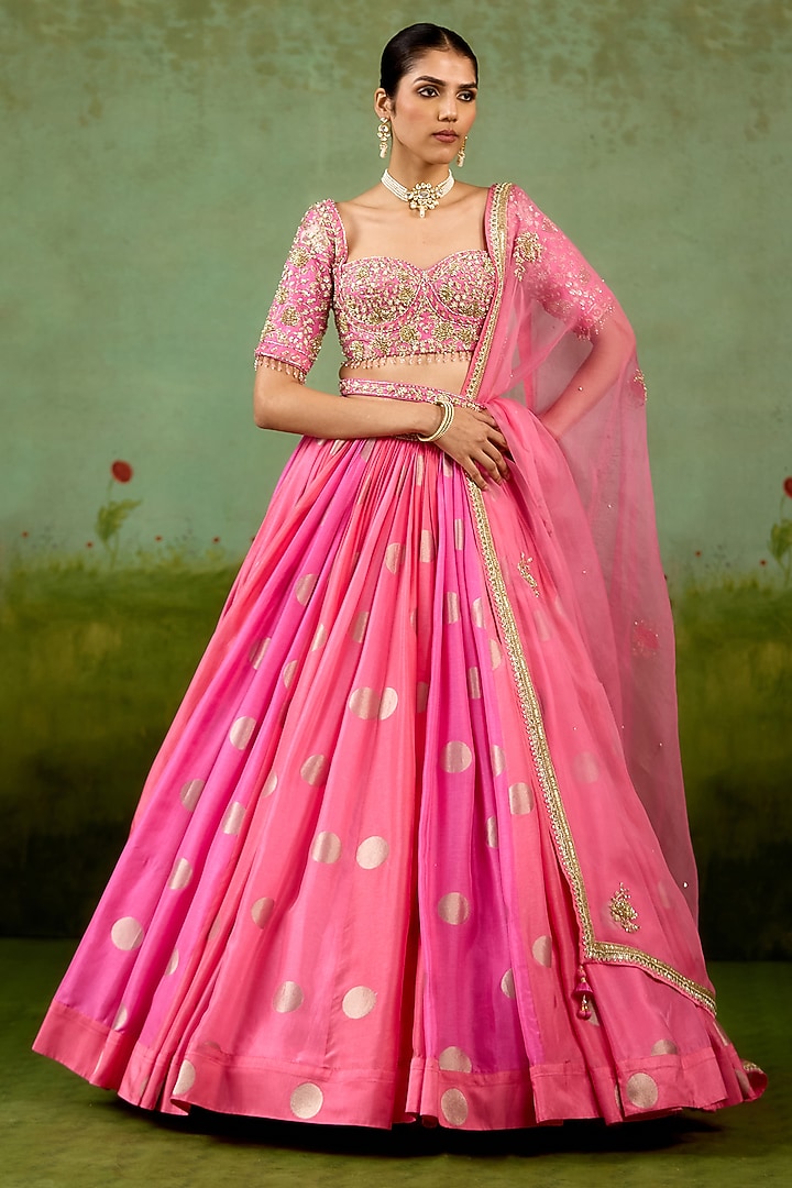 Candy Pink Silk Brocade Hand Embroidered Wedding Lehenga Set by Shyam Narayan Prasad at Pernia's Pop Up Shop