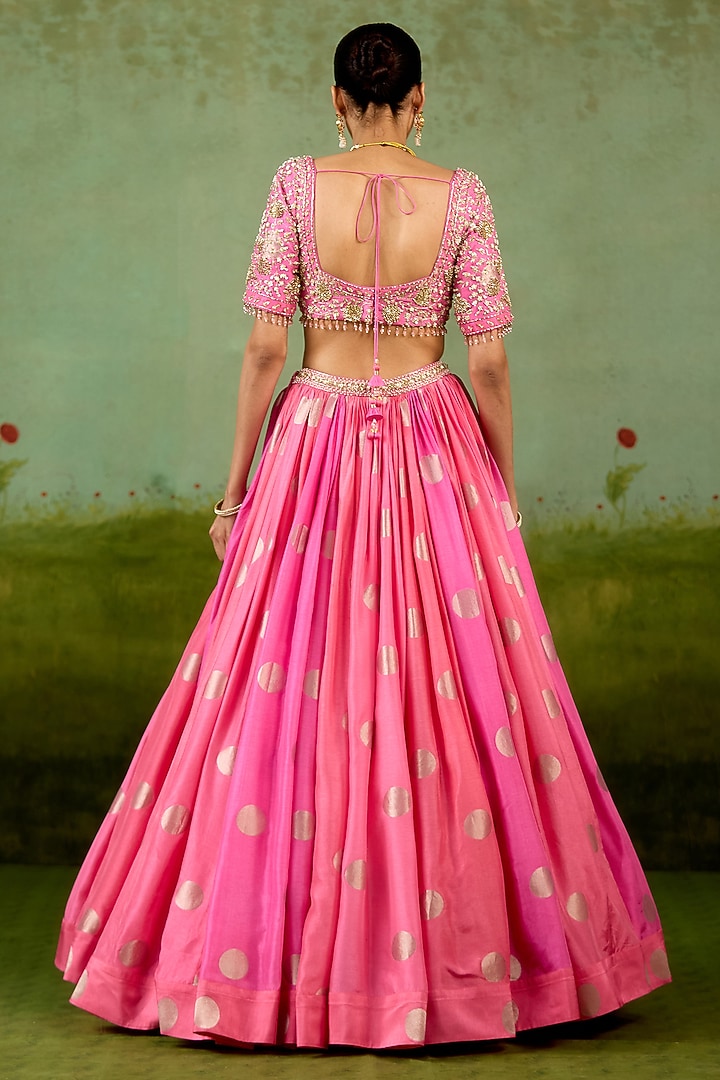 Candy Pink Silk Brocade Hand Embroidered Wedding Lehenga Set by Shyam Narayan Prasad at Pernia's Pop Up Shop