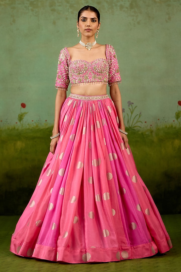 Candy Pink Silk Brocade Hand Embroidered Wedding Lehenga Set by Shyam Narayan Prasad at Pernia's Pop Up Shop