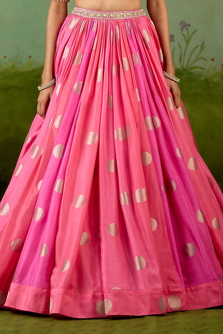 Candy Pink Silk Brocade Hand Embroidered Wedding Lehenga Set by Shyam Narayan Prasad at Pernia's Pop Up Shop