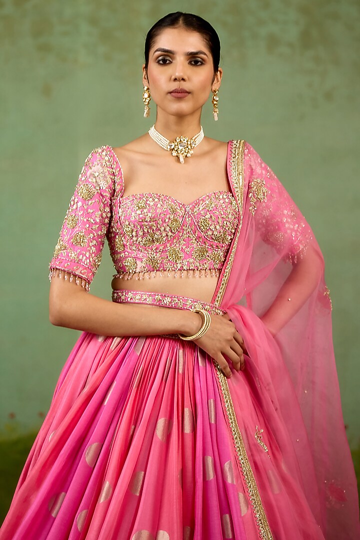 Candy Pink Silk Brocade Hand Embroidered Wedding Lehenga Set by Shyam Narayan Prasad at Pernia's Pop Up Shop