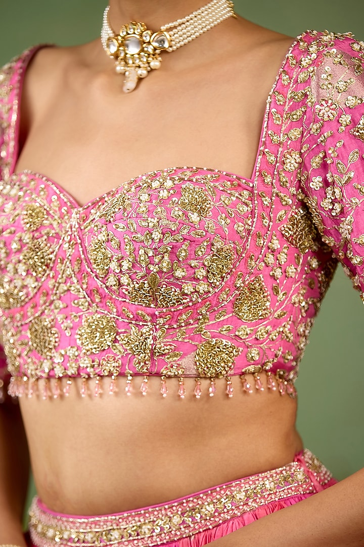 Candy Pink Silk Brocade Hand Embroidered Wedding Lehenga Set by Shyam Narayan Prasad at Pernia's Pop Up Shop