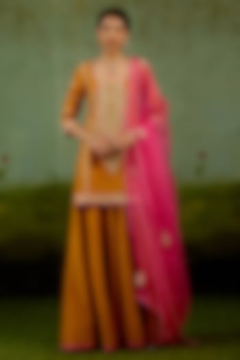 Rust Orange Banarasi Silk Wedding Sharara Set by Shyam Narayan Prasad at Pernia's Pop Up Shop