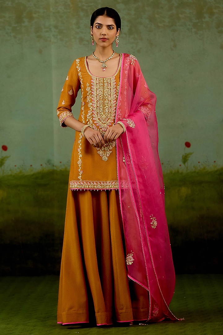 Rust Orange Banarasi Silk Wedding Sharara Set by Shyam Narayan Prasad at Pernia's Pop Up Shop