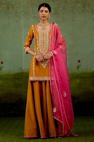 Rust Orange Banarasi Silk Sharara Set by Shyam Narayan Prasad