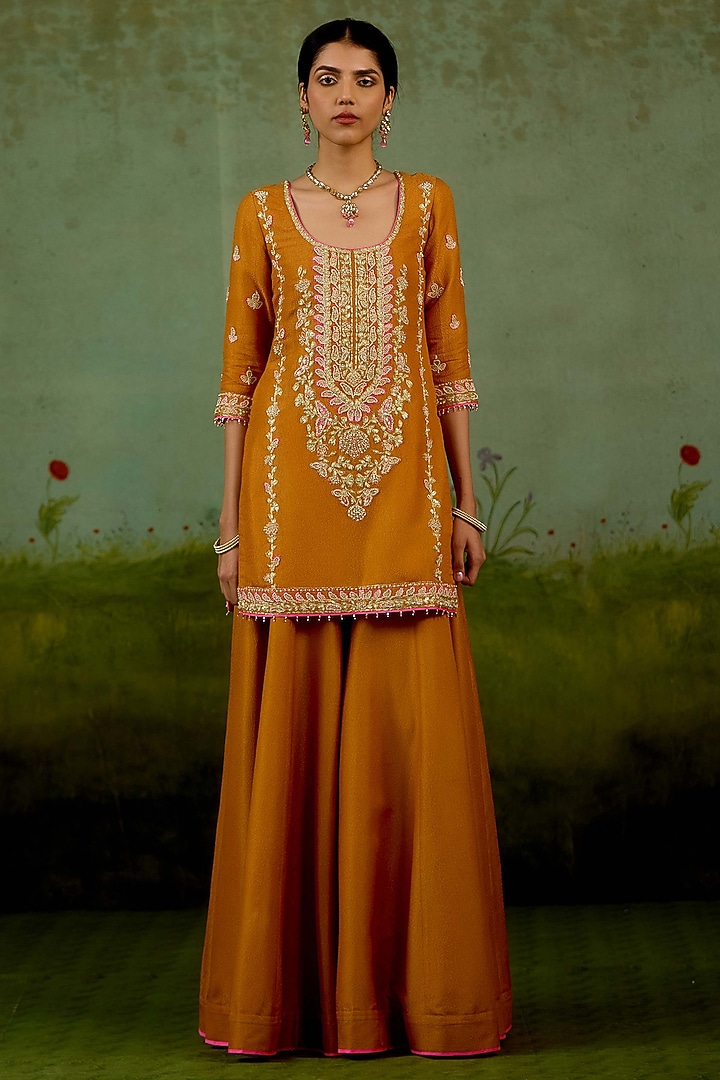 Rust Orange Banarasi Silk Wedding Sharara Set by Shyam Narayan Prasad at Pernia's Pop Up Shop
