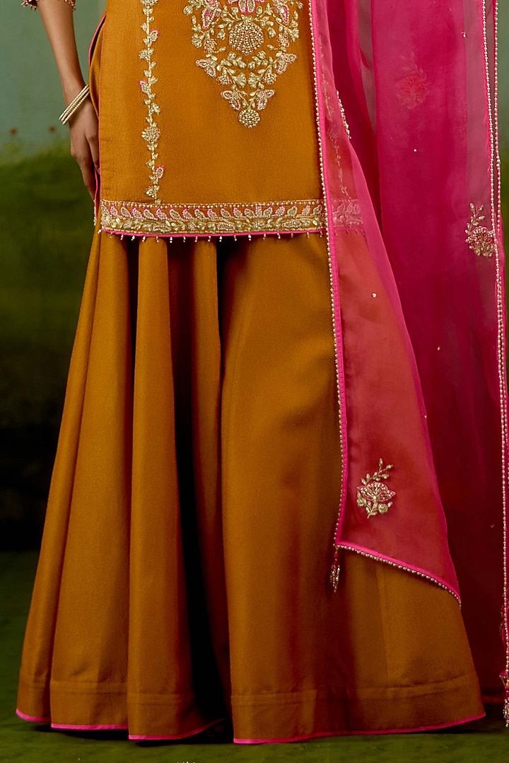 Rust Orange Banarasi Silk Wedding Sharara Set by Shyam Narayan Prasad at Pernia's Pop Up Shop