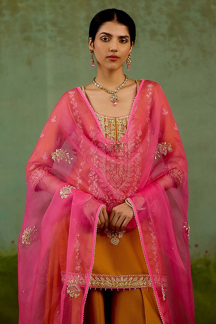 Rust Orange Banarasi Silk Wedding Sharara Set by Shyam Narayan Prasad at Pernia's Pop Up Shop