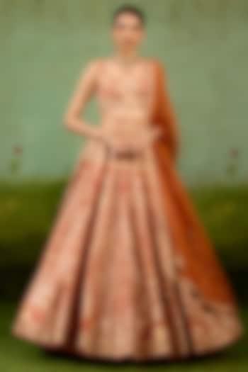 Rust Orange Raw Silk Thread Embroidered Wedding Lehenga Set by Shyam Narayan Prasad at Pernia's Pop Up Shop
