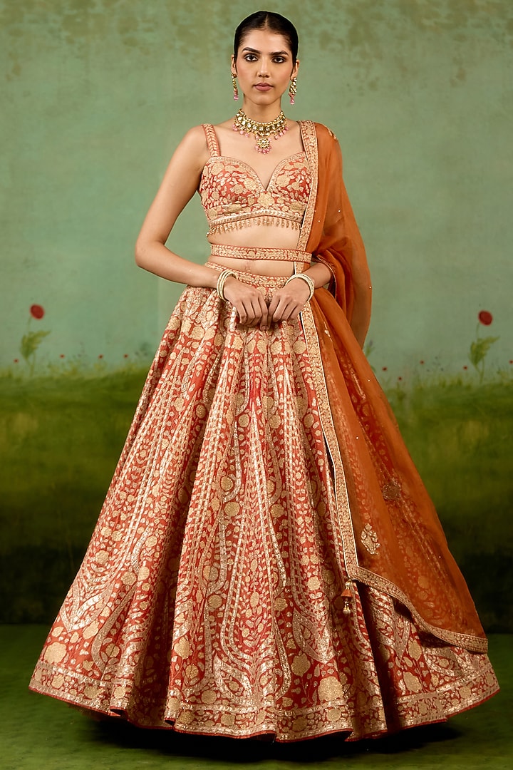 Rust Orange Raw Silk Thread Embroidered Wedding Lehenga Set by Shyam Narayan Prasad at Pernia's Pop Up Shop