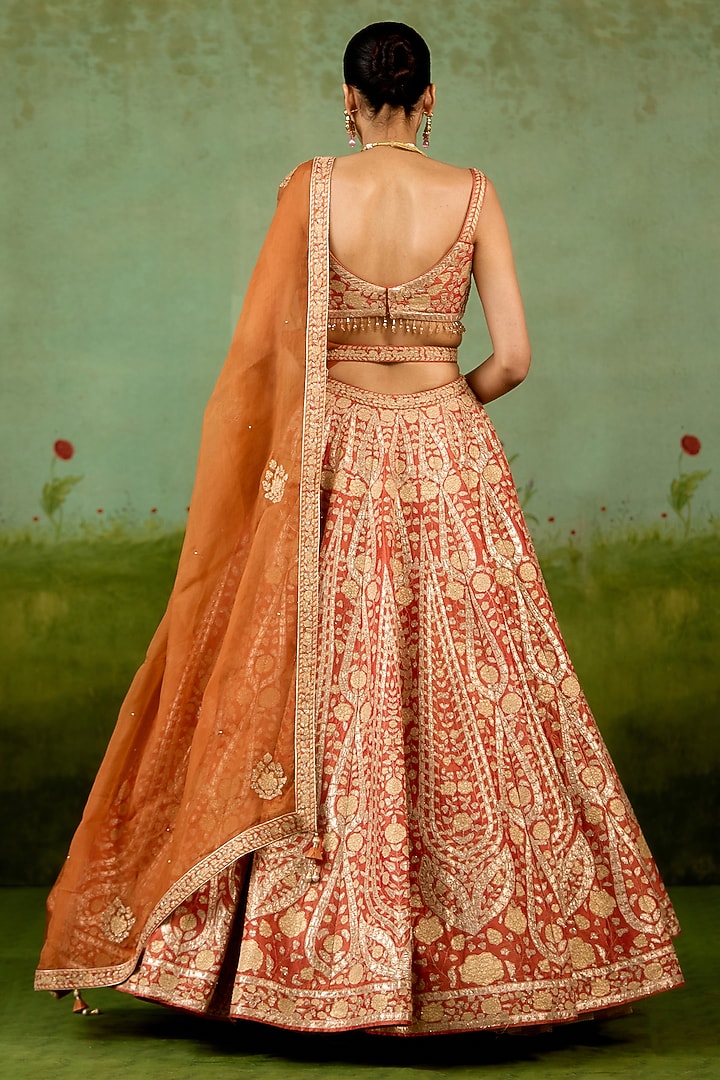 Rust Orange Raw Silk Thread Embroidered Wedding Lehenga Set by Shyam Narayan Prasad at Pernia's Pop Up Shop