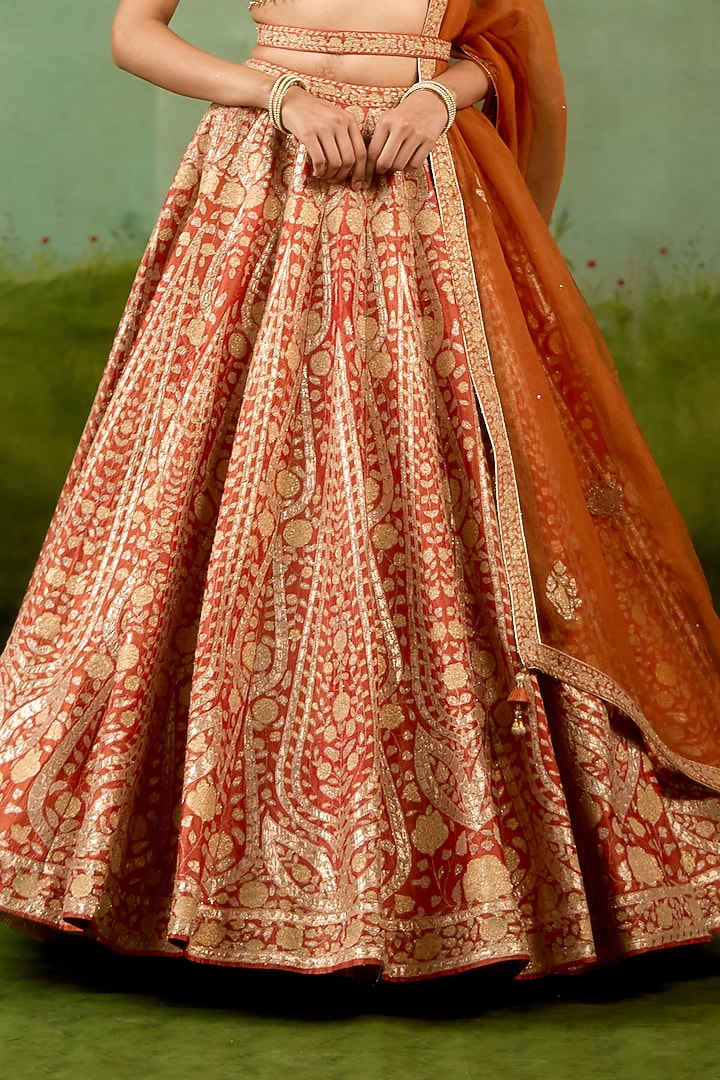Rust Orange Raw Silk Thread Embroidered Wedding Lehenga Set by Shyam Narayan Prasad at Pernia's Pop Up Shop
