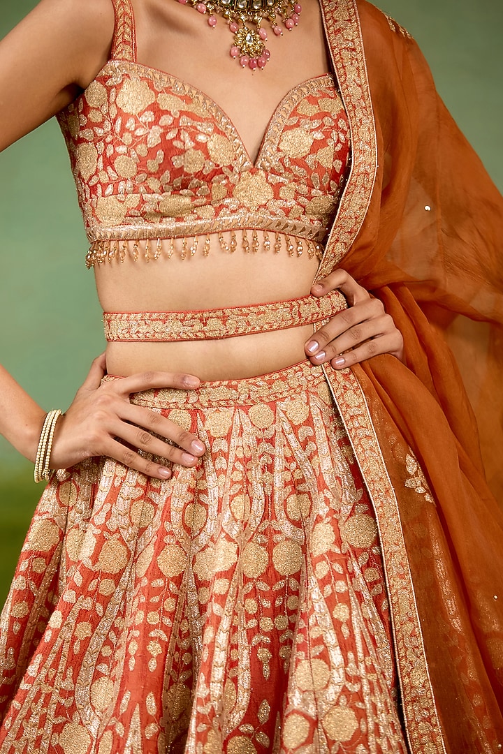 Rust Orange Raw Silk Thread Embroidered Wedding Lehenga Set by Shyam Narayan Prasad at Pernia's Pop Up Shop