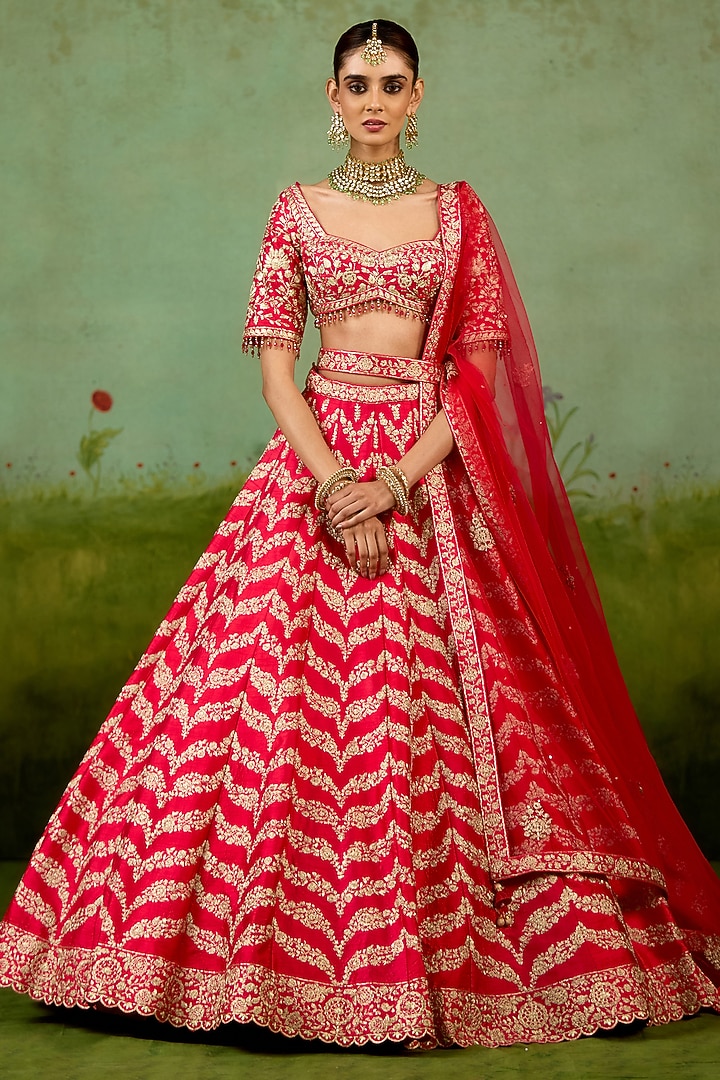 Red Raw Silk Gold Dori Embroidered Wedding Lehenga Set by Shyam Narayan Prasad at Pernia's Pop Up Shop