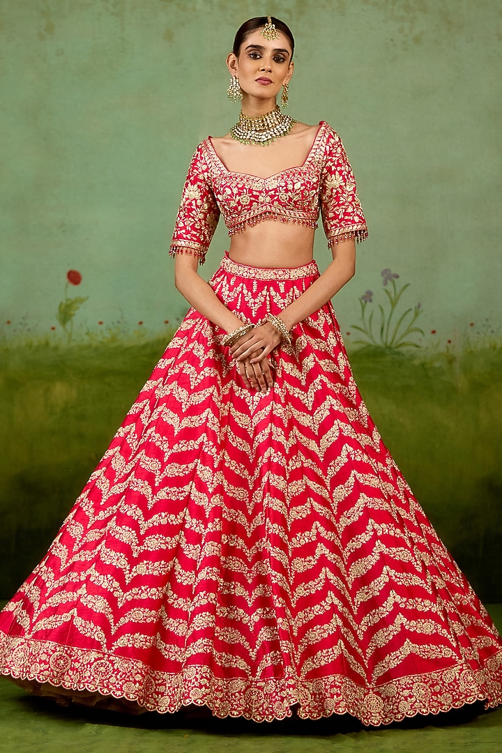Red Raw Silk Gold Dori Embroidered Wedding Lehenga Set by Shyam Narayan Prasad at Pernia's Pop Up Shop