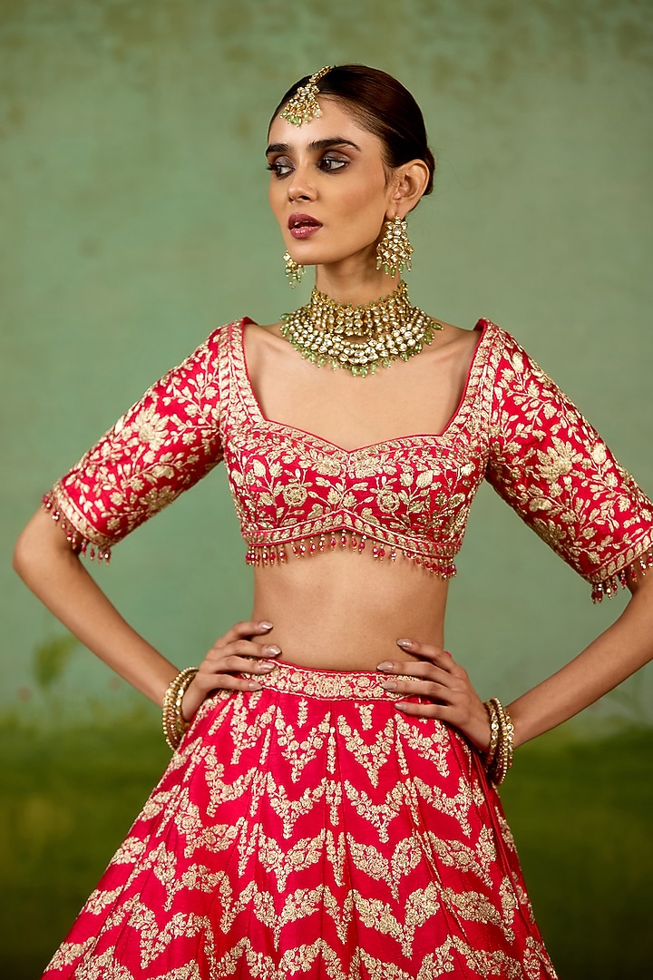 Red Raw Silk Gold Dori Embroidered Wedding Lehenga Set by Shyam Narayan Prasad at Pernia's Pop Up Shop