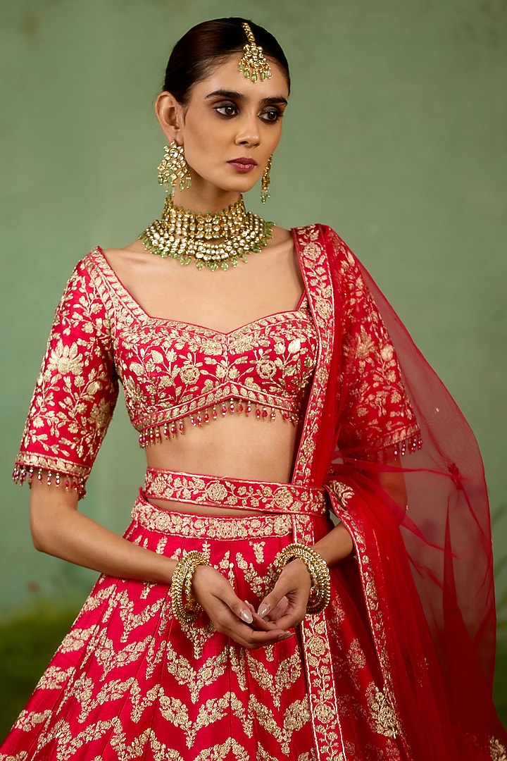 Red Raw Silk Gold Dori Embroidered Wedding Lehenga Set by Shyam Narayan Prasad at Pernia's Pop Up Shop