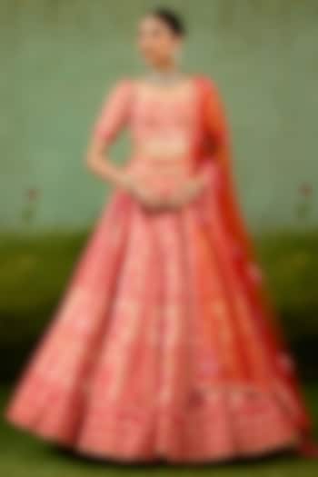 Sun Orange Raw Silk Gota Embroidered Bridal Lehenga Set by Shyam Narayan Prasad at Pernia's Pop Up Shop