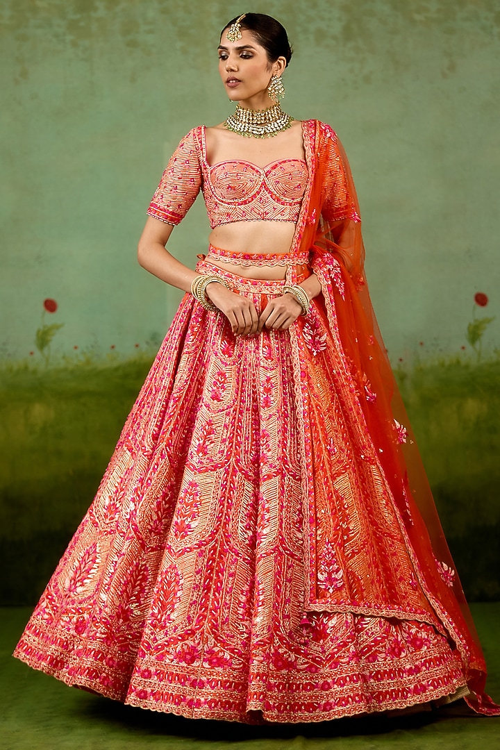 Sun Orange Raw Silk Gota Embroidered Bridal Lehenga Set by Shyam Narayan Prasad at Pernia's Pop Up Shop
