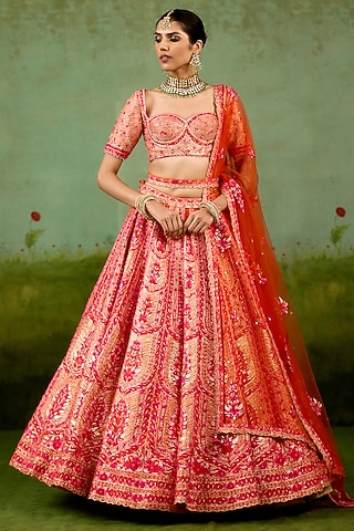 Sun Orange Raw Silk Gota Embroidered Lehenga Set by Shyam Narayan Prasad