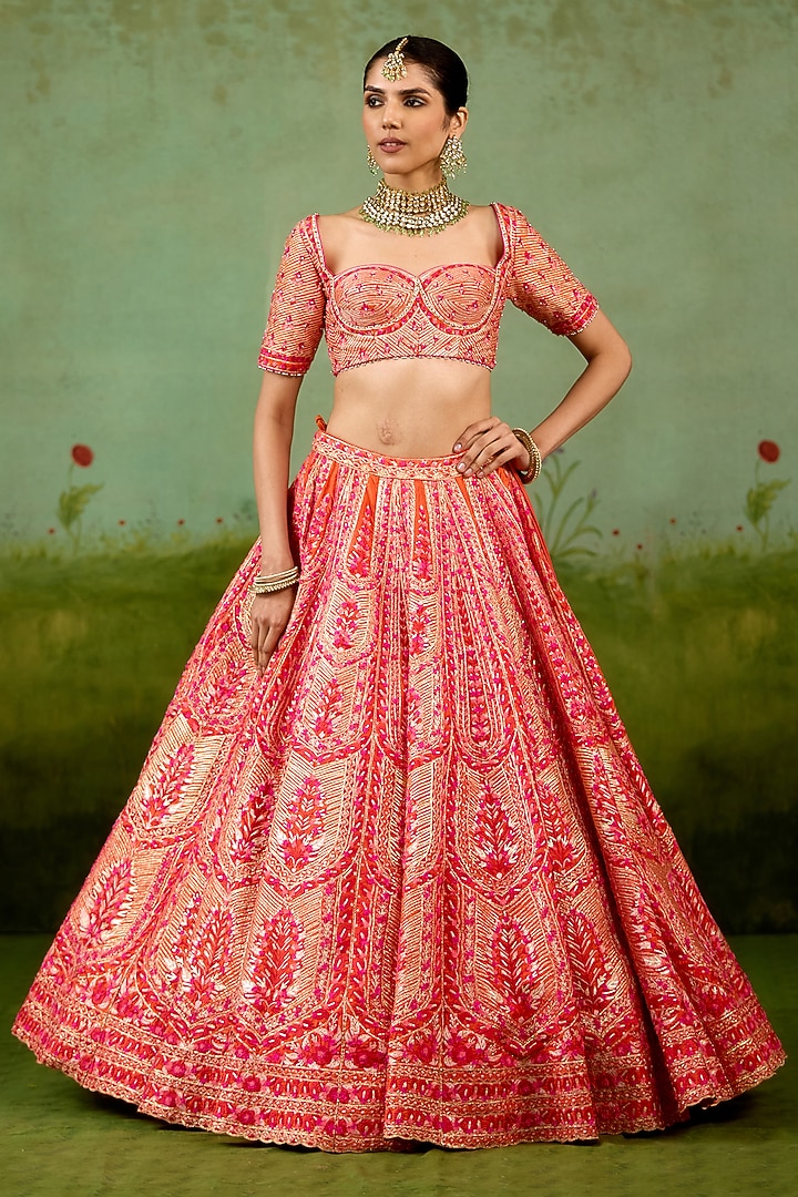 Sun Orange Raw Silk Gota Embroidered Bridal Lehenga Set by Shyam Narayan Prasad at Pernia's Pop Up Shop