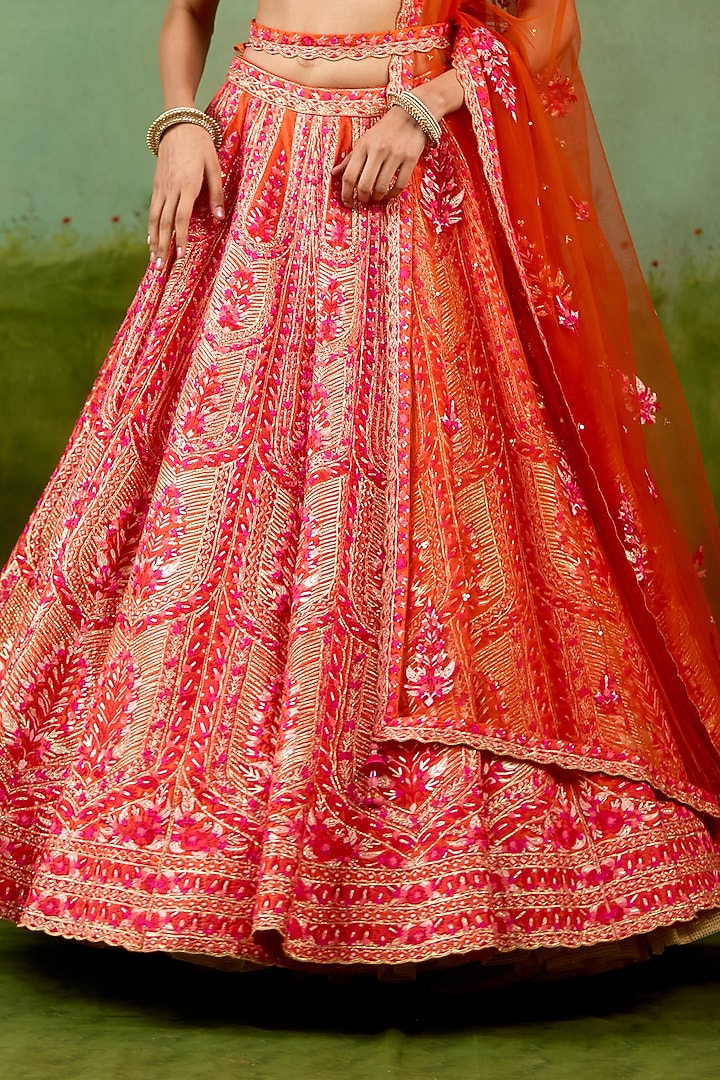 Sun Orange Raw Silk Gota Embroidered Bridal Lehenga Set by Shyam Narayan Prasad at Pernia's Pop Up Shop