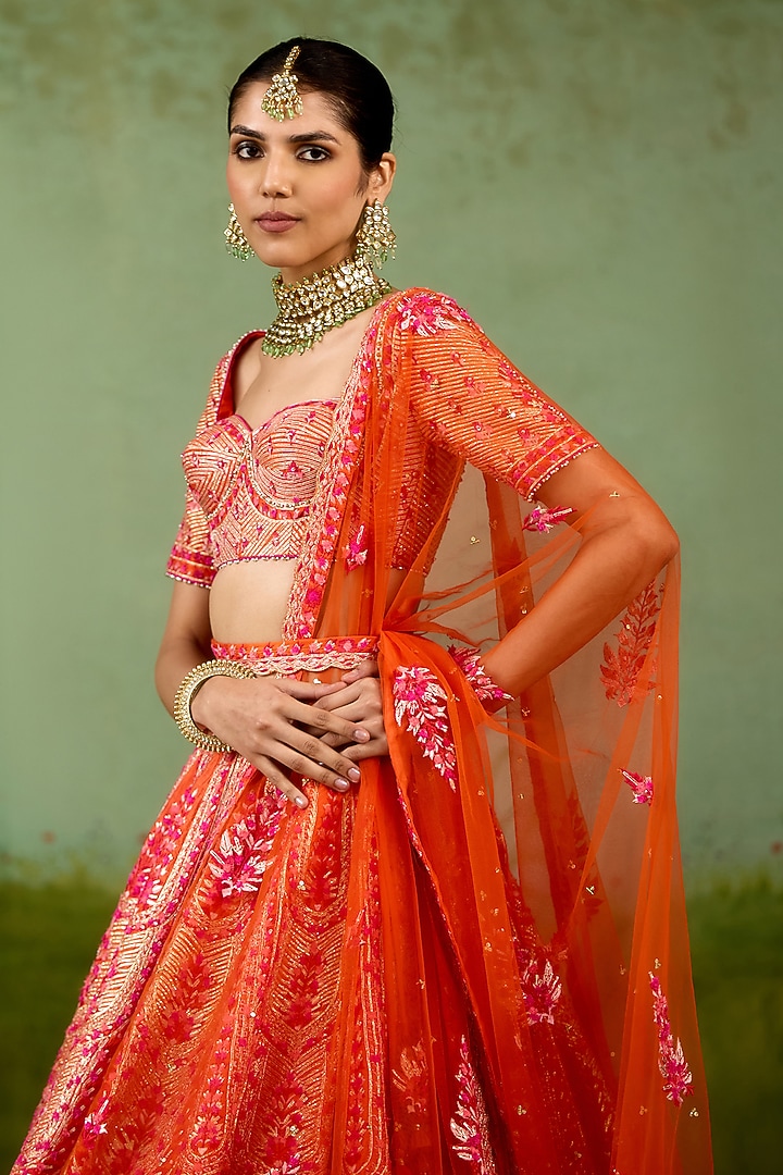 Sun Orange Raw Silk Gota Embroidered Bridal Lehenga Set by Shyam Narayan Prasad at Pernia's Pop Up Shop