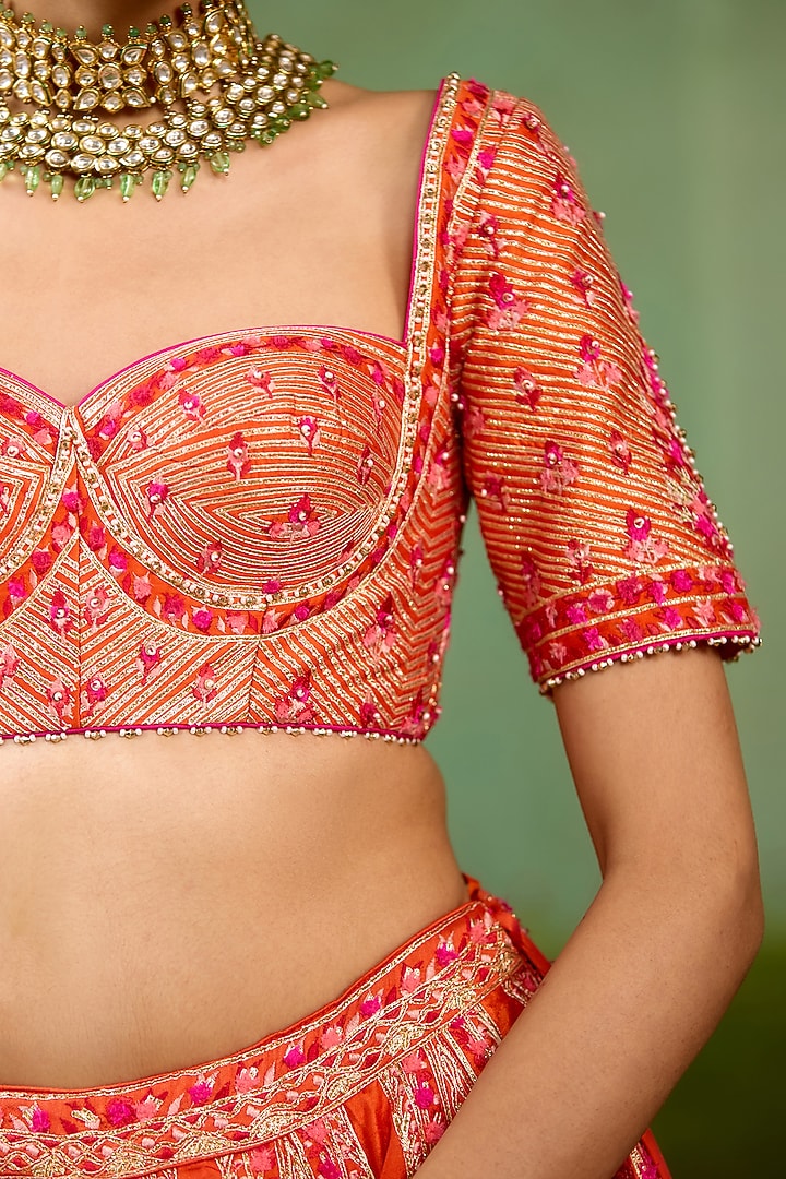 Sun Orange Raw Silk Gota Embroidered Bridal Lehenga Set by Shyam Narayan Prasad at Pernia's Pop Up Shop