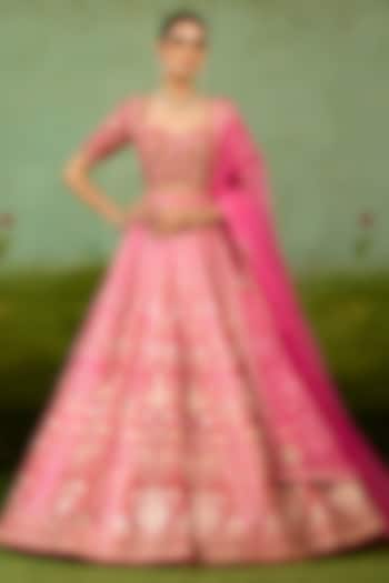 Pink Raw Silk Thread Embroidered Wedding Lehenga Set by Shyam Narayan Prasad at Pernia's Pop Up Shop