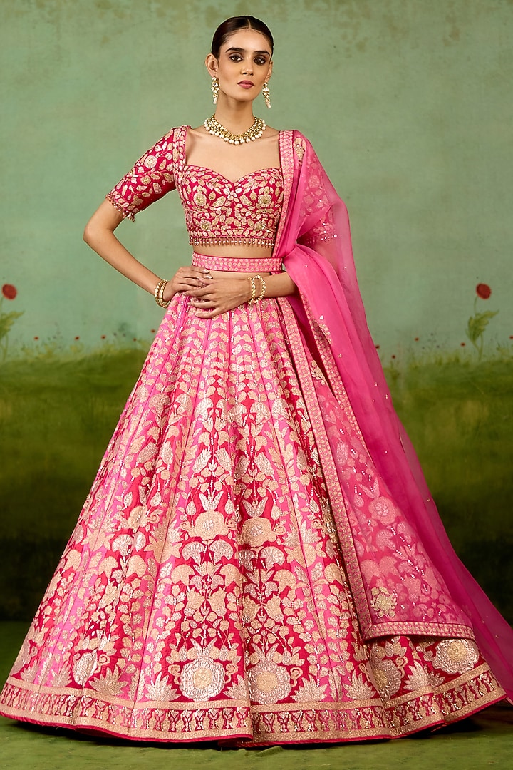 Pink Raw Silk Thread Embroidered Wedding Lehenga Set by Shyam Narayan Prasad at Pernia's Pop Up Shop