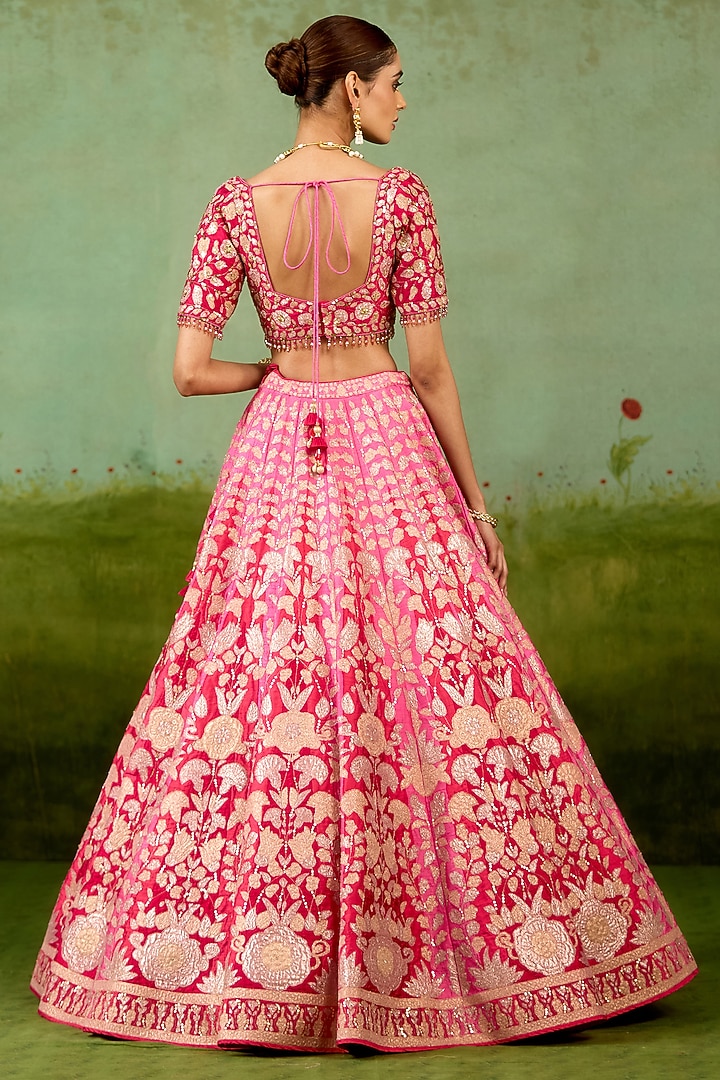 Pink Raw Silk Thread Embroidered Wedding Lehenga Set by Shyam Narayan Prasad at Pernia's Pop Up Shop
