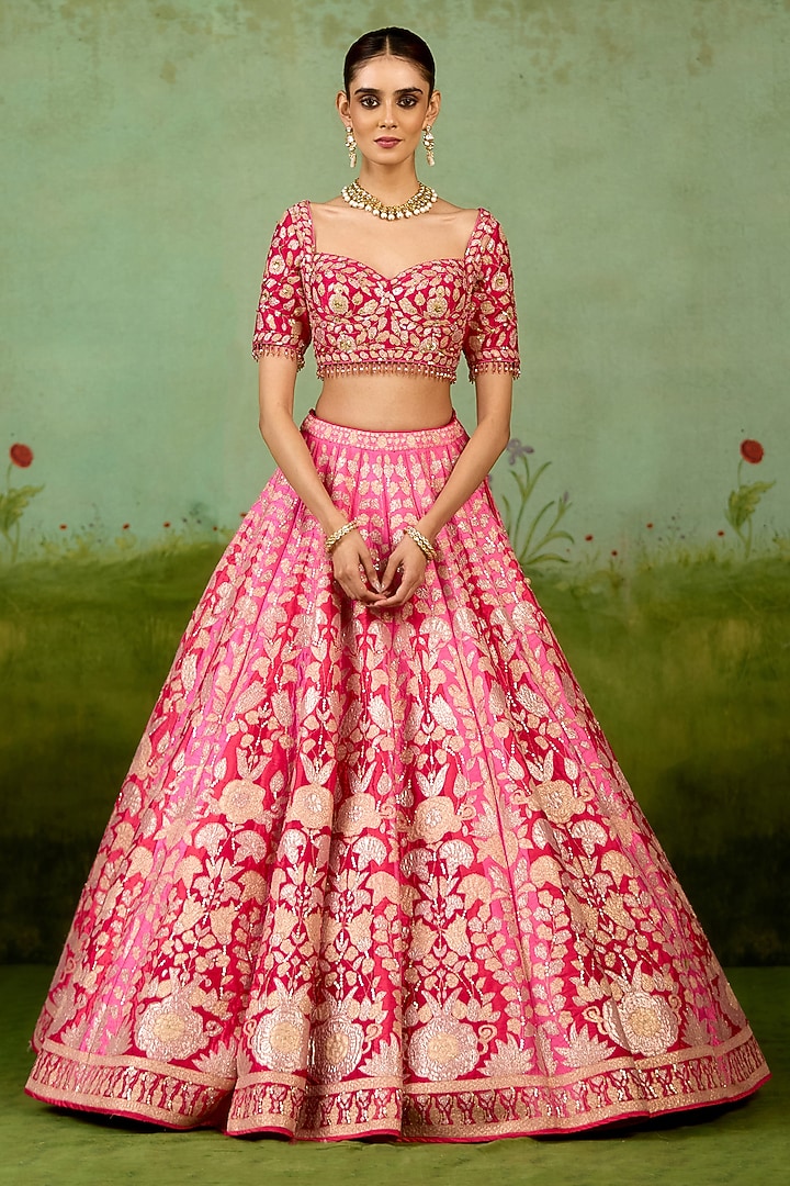 Pink Raw Silk Thread Embroidered Wedding Lehenga Set by Shyam Narayan Prasad at Pernia's Pop Up Shop