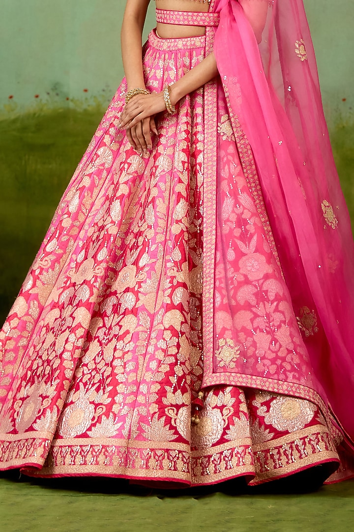 Pink Raw Silk Thread Embroidered Wedding Lehenga Set by Shyam Narayan Prasad at Pernia's Pop Up Shop