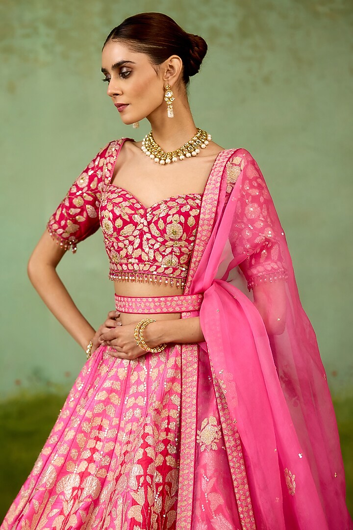 Pink Raw Silk Thread Embroidered Wedding Lehenga Set by Shyam Narayan Prasad at Pernia's Pop Up Shop