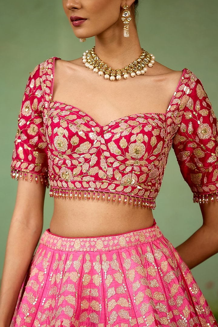 Pink Raw Silk Thread Embroidered Wedding Lehenga Set by Shyam Narayan Prasad at Pernia's Pop Up Shop