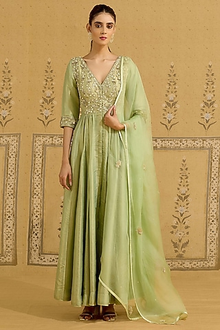 Nile Green Banarasi Brocade Embroidered Anarkali Set by Shyam Narayan Prasad