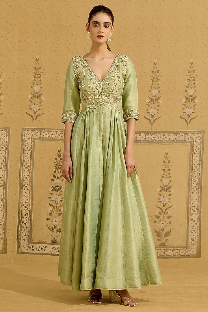 Nile Green Banarasi Brocade Embroidered Wedding Anarkali Set by Shyam Narayan Prasad at Pernia's Pop Up Shop