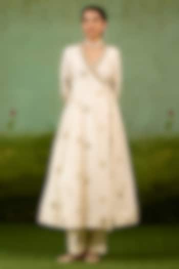 Ivory Silk Brocade Hand Embroidered Angrakha Party Wear Anarkali Set by Shyam Narayan Prasad at Pernia's Pop Up Shop