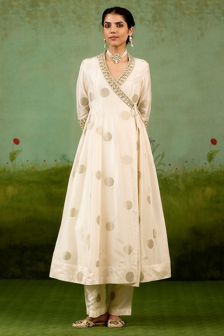 Ivory Silk Brocade Hand Embroidered Angrakha Party Wear Anarkali Set by Shyam Narayan Prasad at Pernia's Pop Up Shop