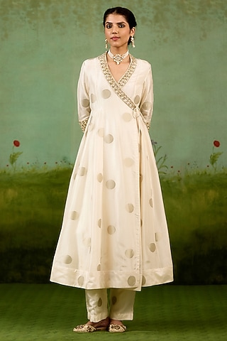 Ivory Silk Brocade Hand Embroidered Angrakha Anarkali Set by Shyam Narayan Prasad