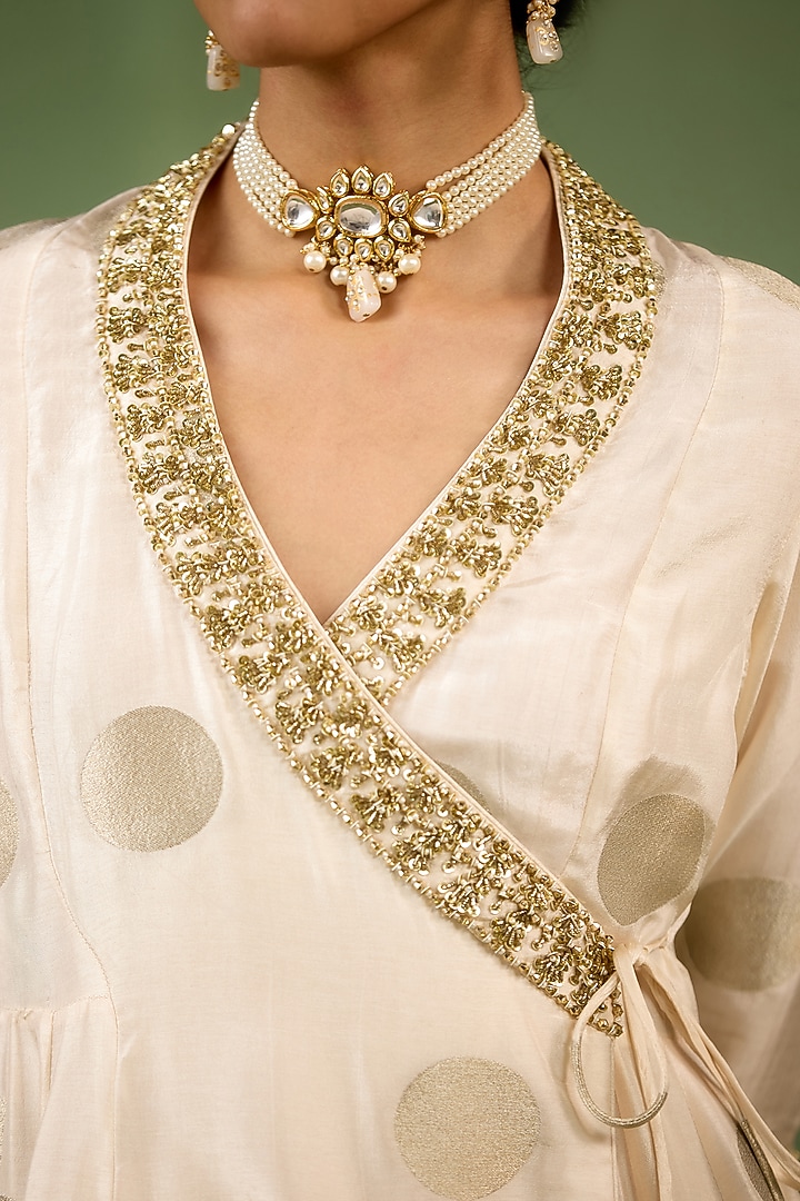 Ivory Silk Brocade Hand Embroidered Angrakha Party Wear Anarkali Set by Shyam Narayan Prasad at Pernia's Pop Up Shop