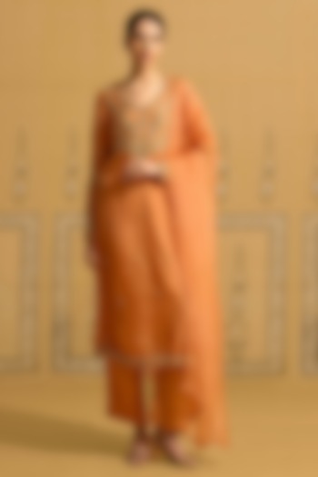 Rust Orange Silk Organza Embroidered Kurta Set by Shyam Narayan Prasad at Pernia's Pop Up Shop