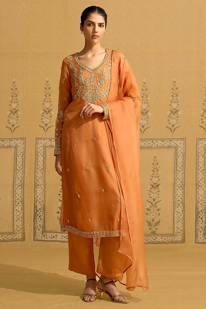 Rust Orange Silk Organza Embroidered Kurta Set by Shyam Narayan Prasad at Pernia's Pop Up Shop