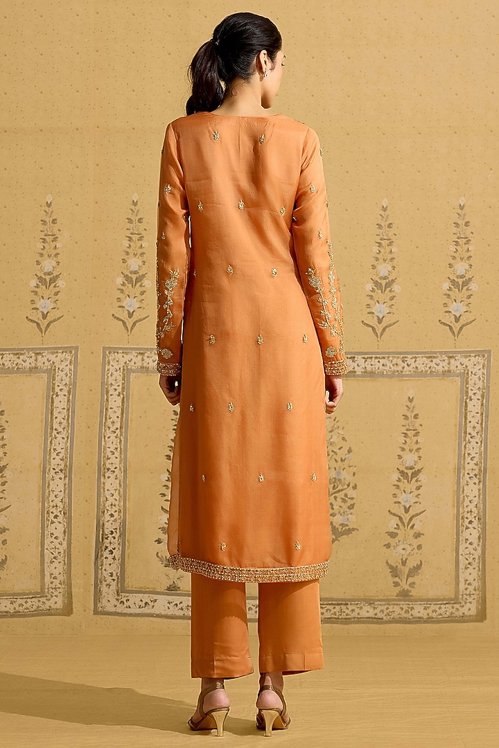 Rust Orange Silk Organza Embroidered Kurta Set by Shyam Narayan Prasad at Pernia's Pop Up Shop