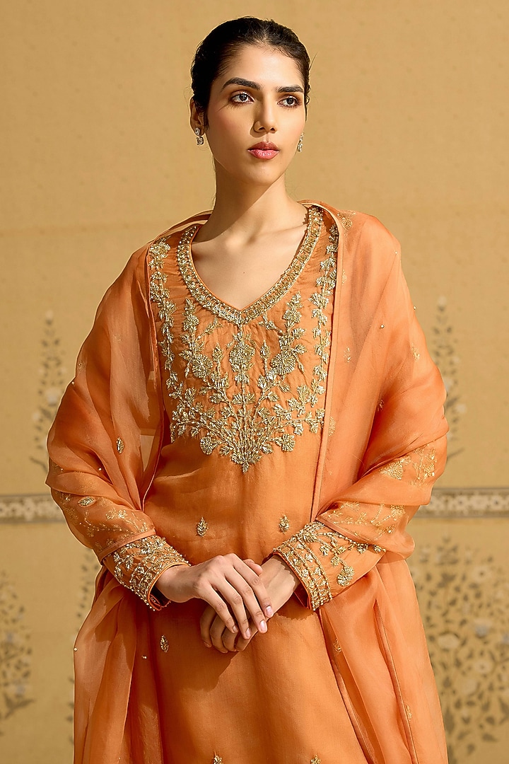 Rust Orange Silk Organza Embroidered Kurta Set by Shyam Narayan Prasad at Pernia's Pop Up Shop