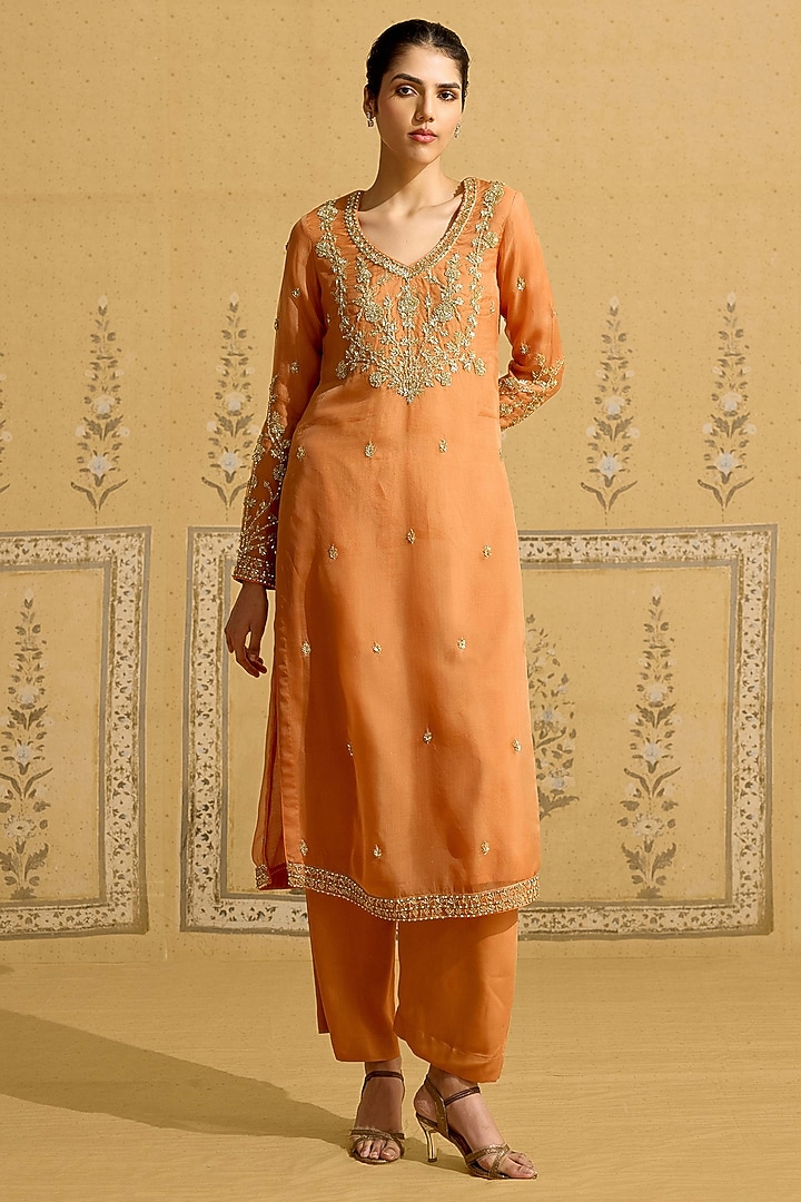 Rust Orange Silk Organza Embroidered Kurta Set by Shyam Narayan Prasad at Pernia's Pop Up Shop